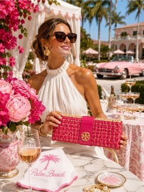 TORY BURCH  Pink Raffia Woven Clutch | Gold Logo Accent | Spring Summer Handbag